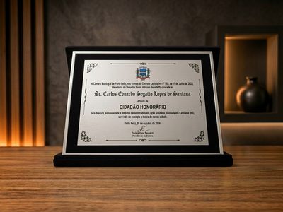 Placa de homenagem no quadro dentro do estojo de veludo