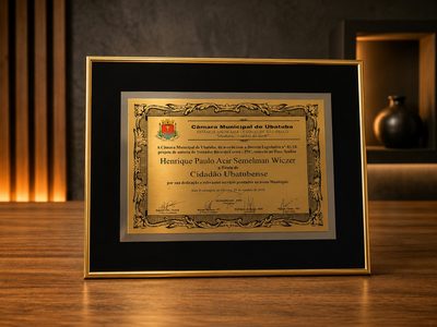 Diploma em latão com UV sobre aço espelhado e quadro dourado
