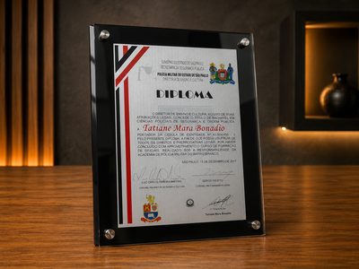 Diploma DCQA04 — placa de aço inox no quadro de acrílico