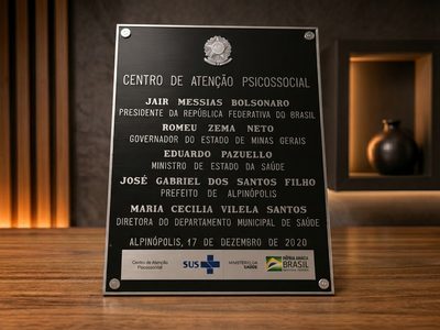 Placa de inauguração em alumínio fundido acabamento escuro
