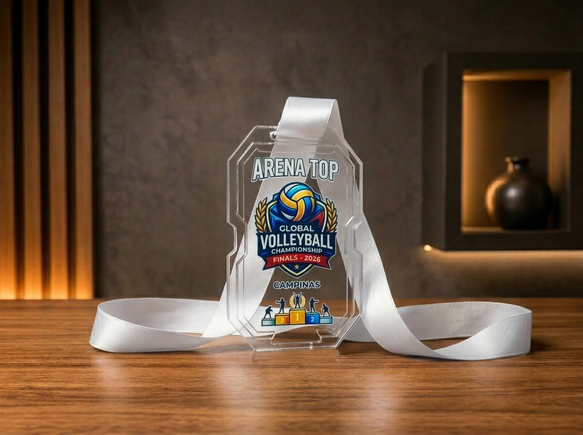 Troféu de Acrílico Azul Tom sobre Tom com Corte a Laser e Impressão UV