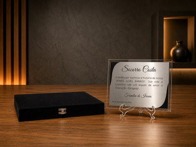 Placa de homenagem em aço inoxidável fixada no acrílico, com tripé de acrílico cristal e estojo de veludo preto