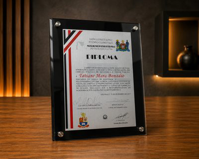 Placa de homenagem em quadro de acrílico preto, impressão UV