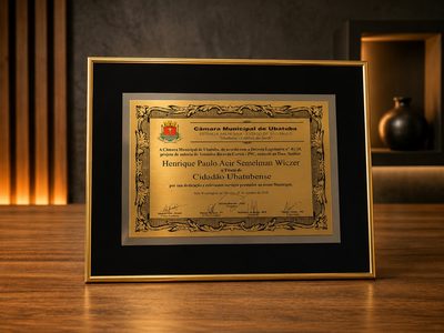 Placa de homenagem em quadro de perfil dourado, latão com impressão UV