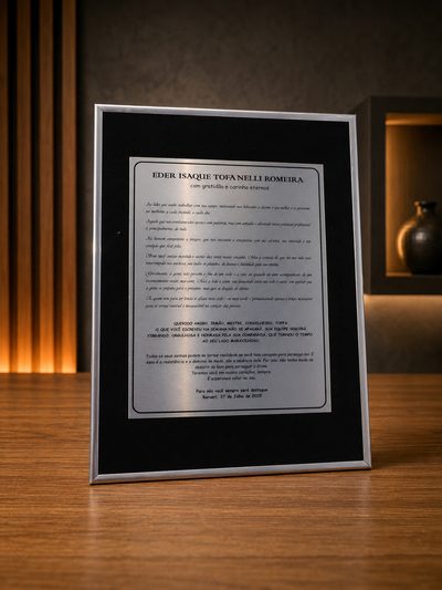 Placa de homenagem em quadro de perfil prata